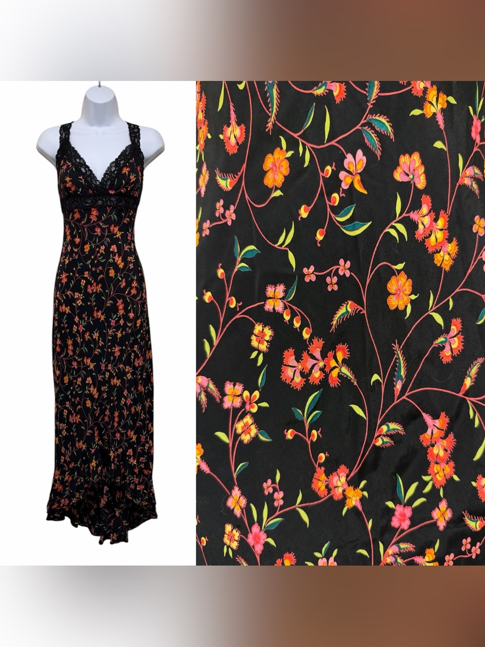 Vintage Betsey Johnson New York Floral & Lace Mermaid Maxi Hollywood Slip Dress